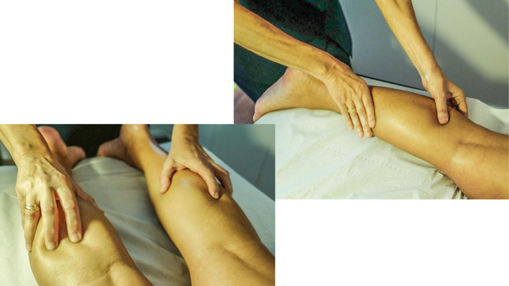 Dos fotos de una persona recibiendo un masaje en las piernas